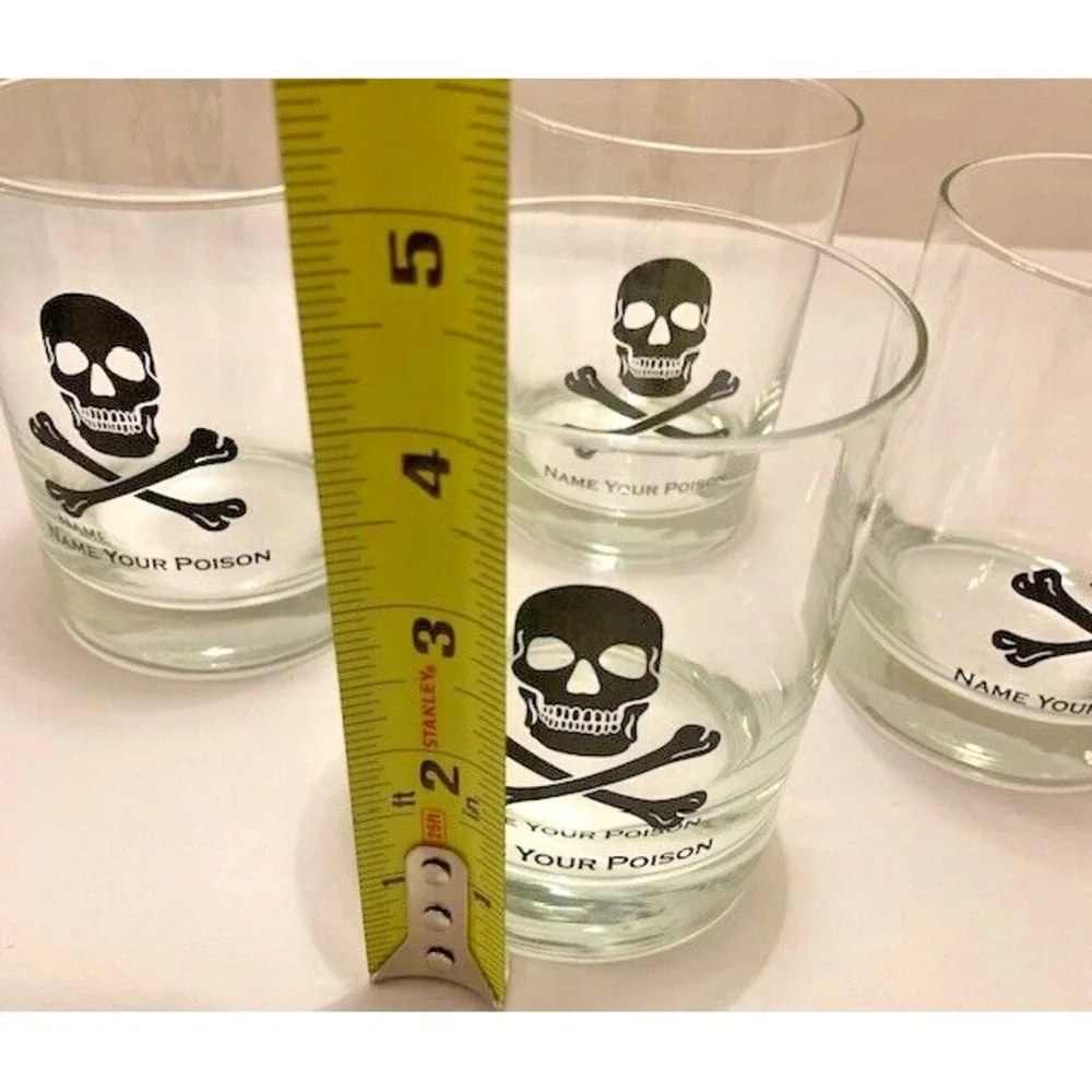 Halloween Skull Crossbones Name Your Poison Rocks Glass VTG MCM Glasses Set 4PC